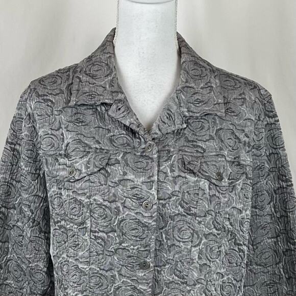 Chico’s Gray & Silver Floral Print Textured CottageCore Jacket NWOT Size 12 - Picture 2 of 11